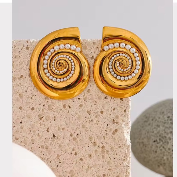 Gold Spiral Shell Earrings with Imitation Pearls – PVD Real Gold Plated - Picture 1 of 16